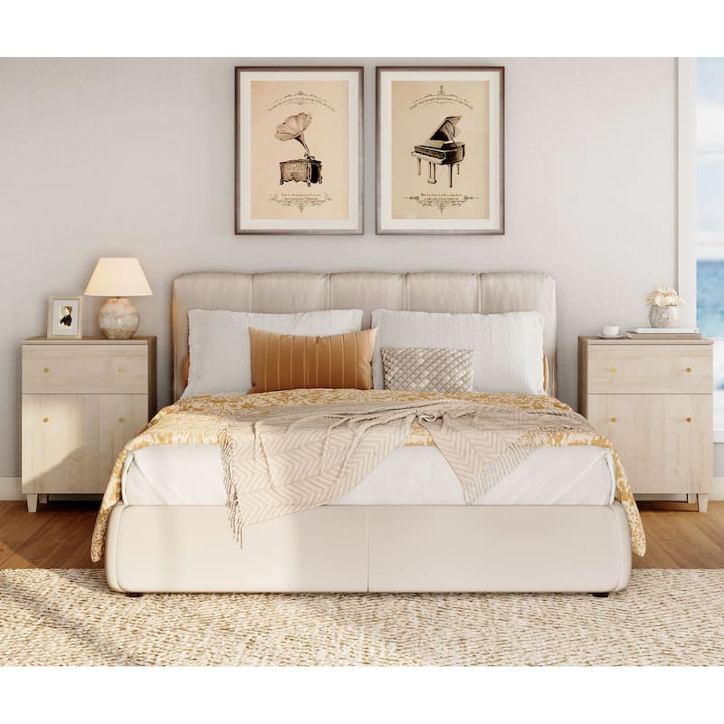 Large Nightstand with Drawer and Cabinet for Bedroom - Light Oak-2 Packs