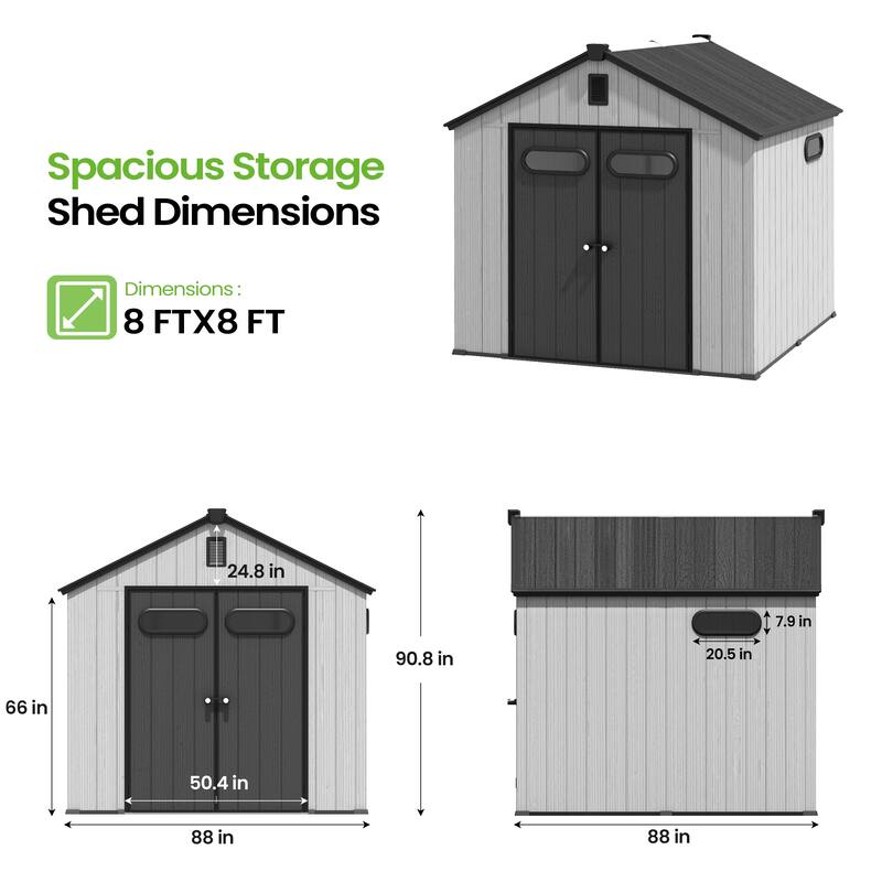8X8 FT All-Weather Waterproof Outdoor Resin Storage Shed Windows Lockable Door with Floor for Patio Furniture and Tools