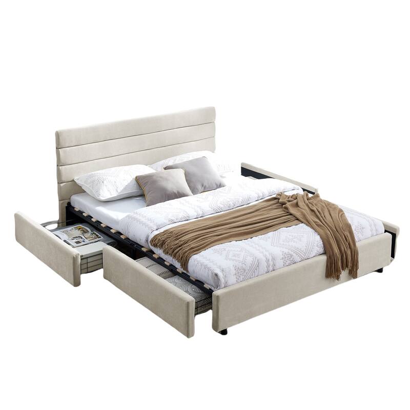 Queen Size Modern Upholstered Bed Frame with Headboard and Drawers