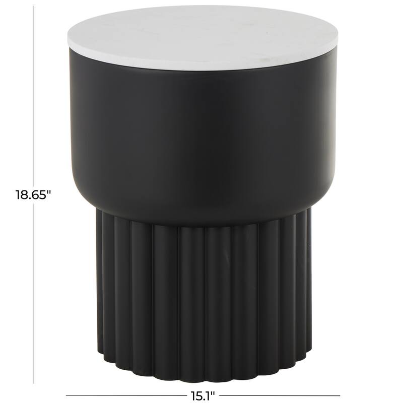 Black Metal Ribbed Side End Accent Table with White Marble Tabletop