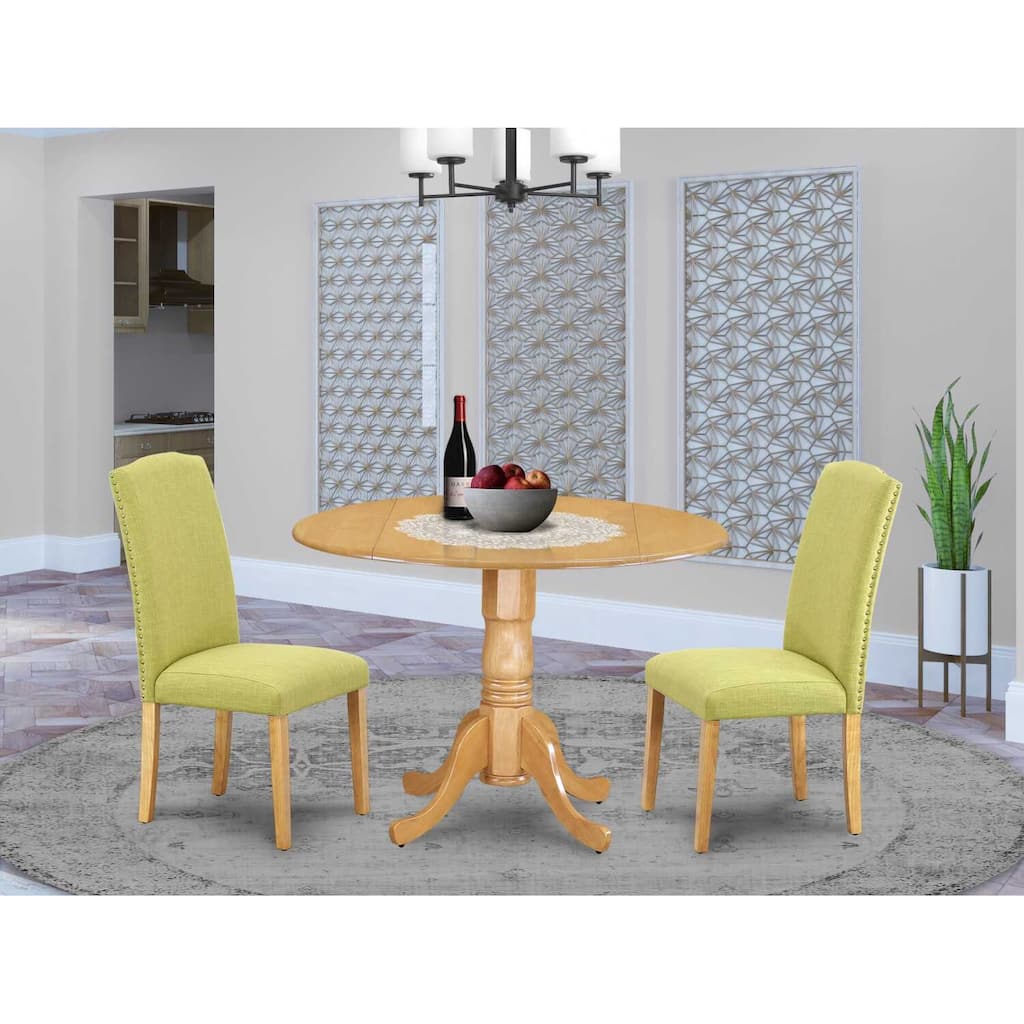 Round Kitchen Table Set - 42 Inch Table w/ Drop Leaves & 2 Parsons Chairs - Linen Fabric, Oak Legs