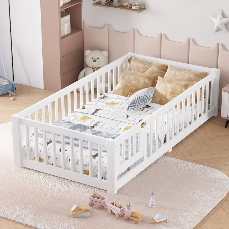 Montessori Toddler Floor Bed with Fence and Switchable Door, Low Profile Bed Frame with Removable Slats, Safe Transition Bed - White - Twin
