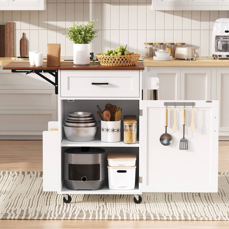39.3" Farmhouse Kitchen Island with Drop Leaf, Open Side Rack, 1 Drawer, Towel Rack, & Lockable Wheels