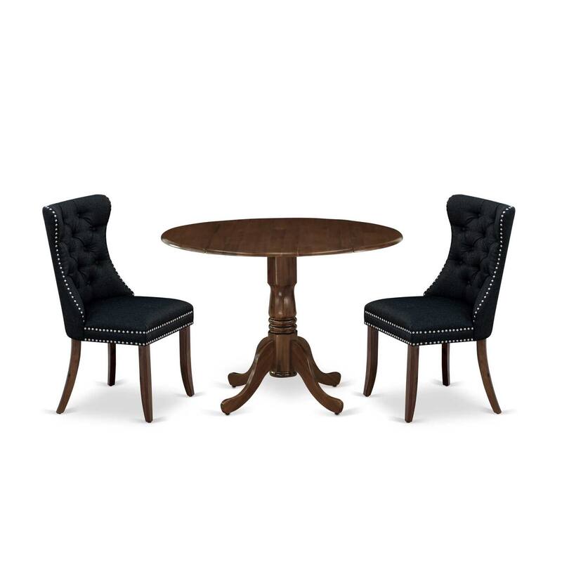 3-Piece Antique Walnut Finish Solid Wood Top-Round Upholstered Dining Room Set -Seats 4