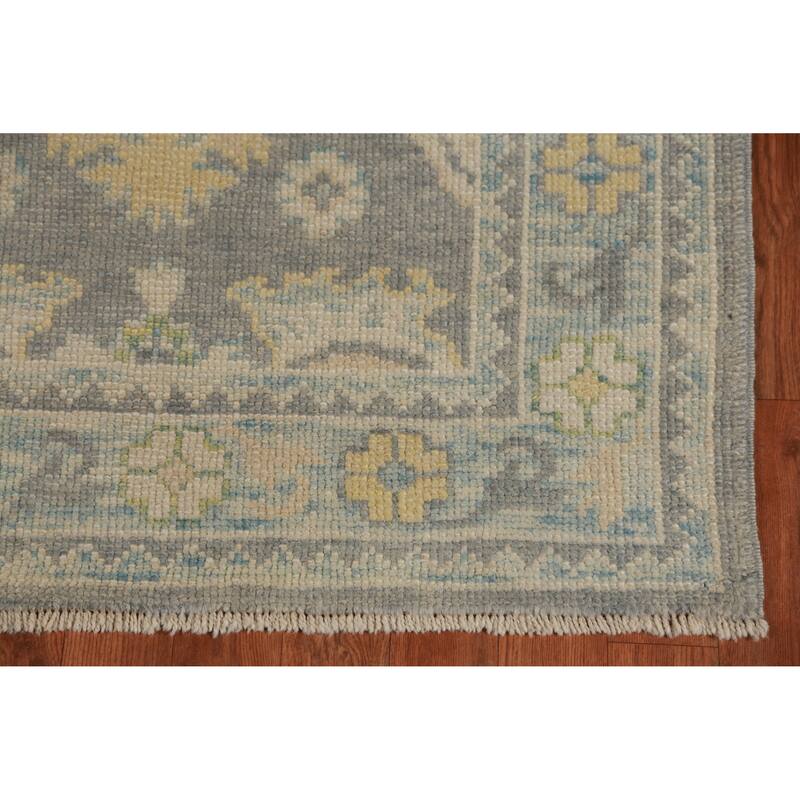 Hand Knotted Oriental 100% Wool Carpet Transitional Floral Greys & Charcoal Oushak Runner Rug - 14' 7'' X 3' 4''