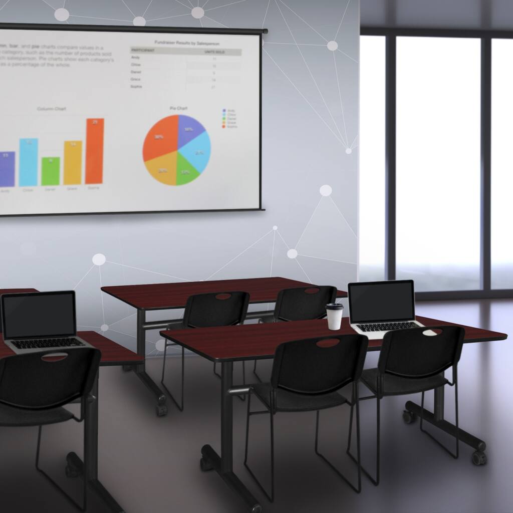 48" Flip Top Mobile Training Table- Mahogany & 2 Stack Chairs- Black