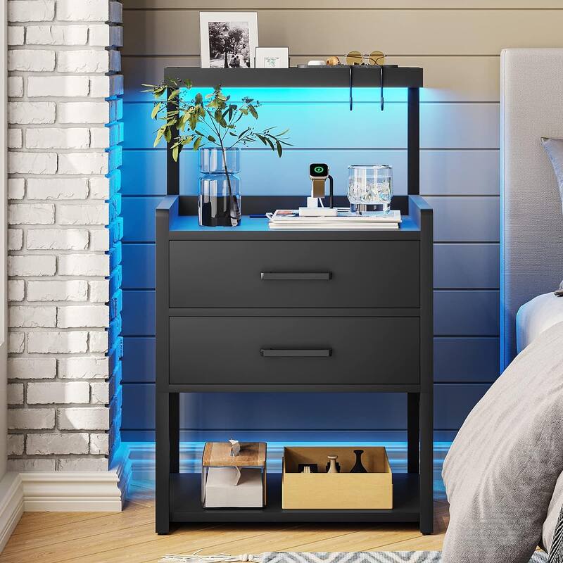 2 Drawer Nightstand with LED Lights Charging Station