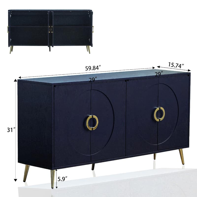Modern Navy Blue Lacquered 4-Door Sideboard Buffet Storage Cabinet with Gold Legs for Dining Room and Living Room