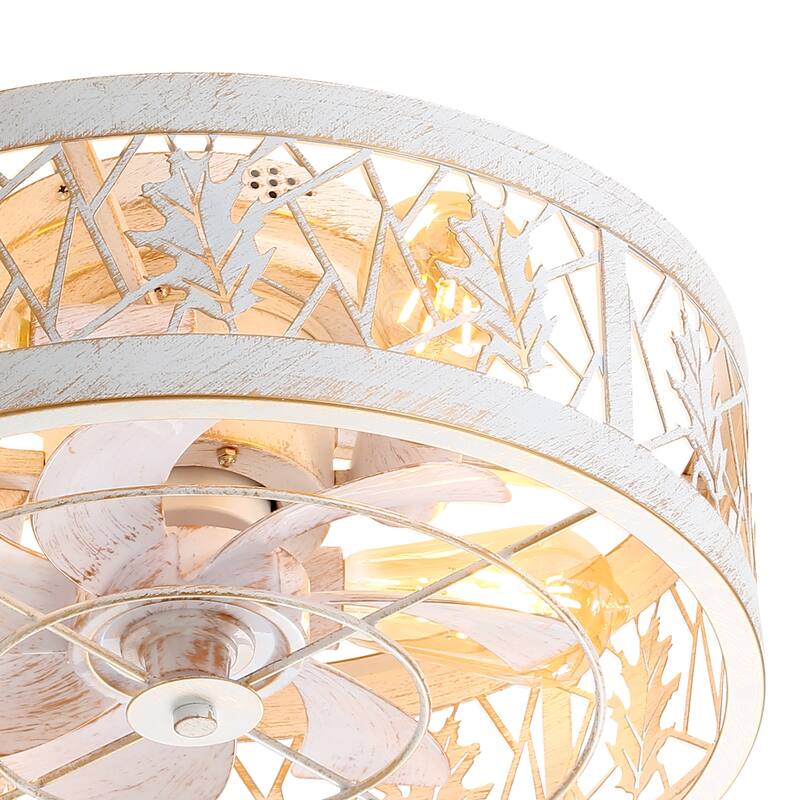 16.5" Vintage Distressed White 7-Blade Caged Ceiling Fan with Remote and Light