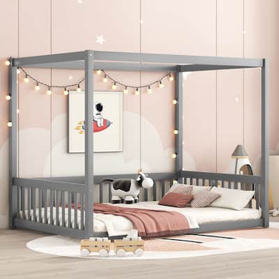 Full Canopy Floor Bed with Fence and Guardrails, Solid Pine Wood Construction for Safety