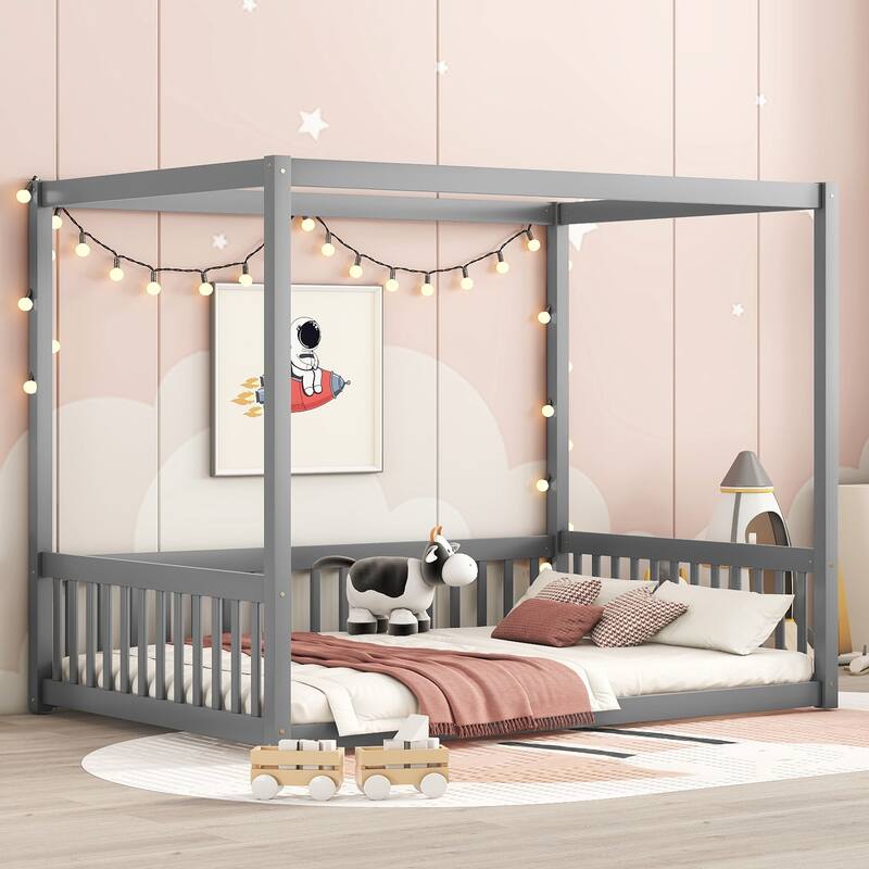 Pine Wood Canopy Frame Floor Bed with Fence and Guardrails for Bedroom - Full - Grey