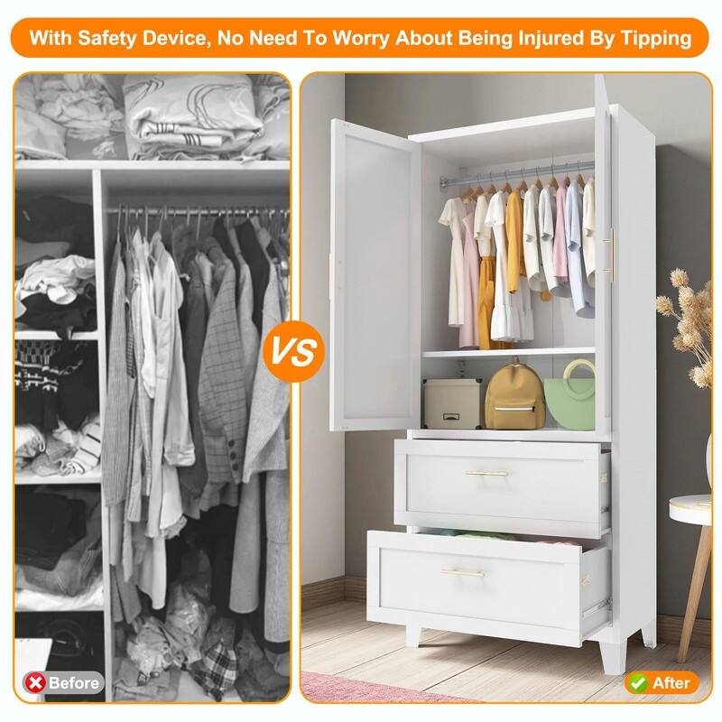 71" Tall Metal Wardrobe Cabinet with 2 Drawers, Hanging Rod, and 2 Doors, Wardrobe Closet with Shelf