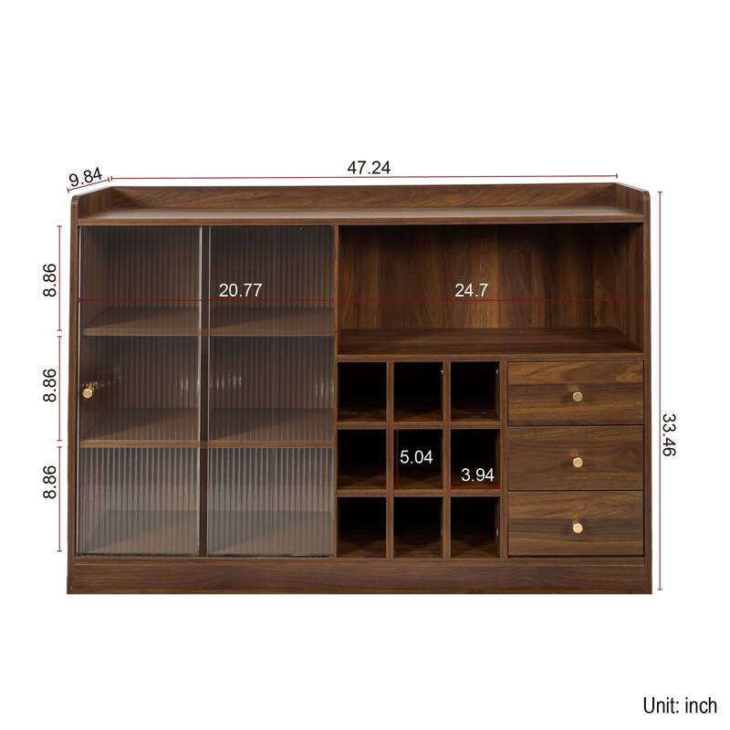 Sideboard With 2 Sliding Striped Glass Doors, Freestanding Countertop Storage Cabinet For Bottles