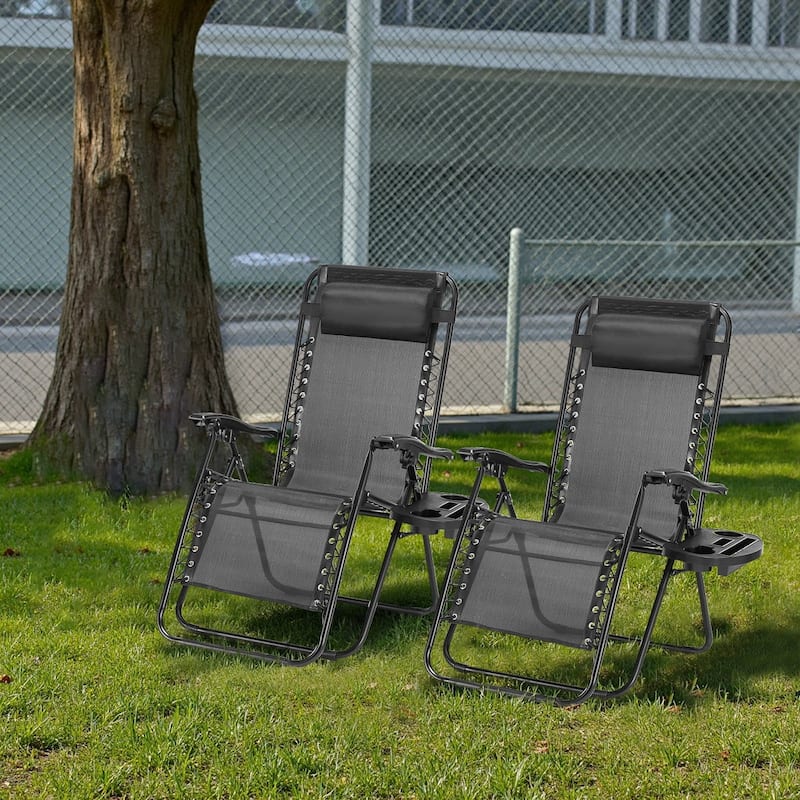 Set of 2 Folding Reclining Lounge Chair, Outdoor Zero Gravity Recliner W/Side Tray & Detachable Headrest Pillow