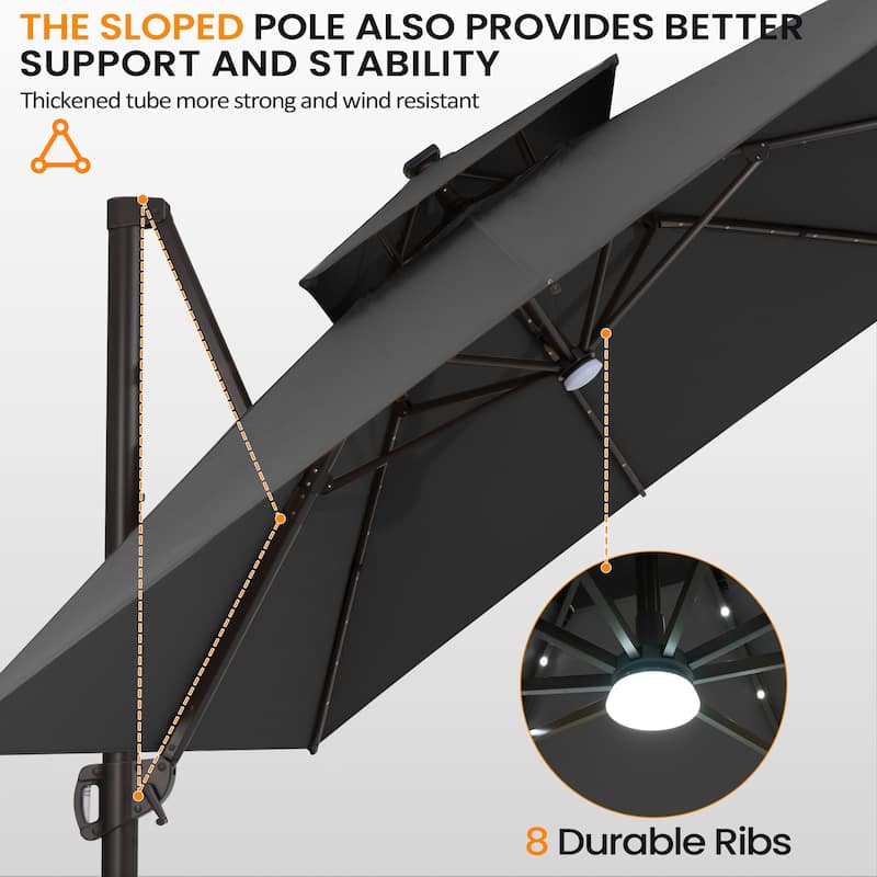 11 FT Square Outdoor Patio Cantilever Umbrella Solar LED Lighted with Weight Base