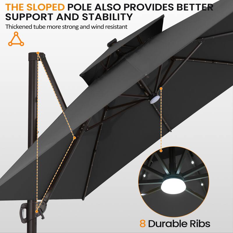 VredHom Solar LED Light 11FT Square Outdoor Cantilever Patio Umbrella without Base