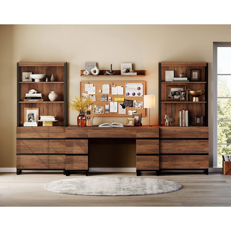 59In Modern Executive Desk With Charging Station & Drawers And 2 PCS 72In Tall BookcasesFor Living Room, Bedroom