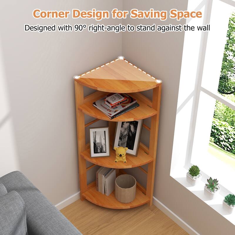 Gymax 2PCS 4-Tier Corner Shelf w/ Rubber Wood Frame Anti-Toppling Kit