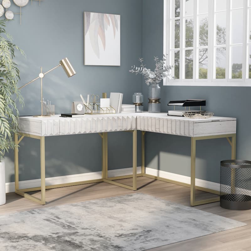 Bird Glam Metal Lift-top L-Shaped Computer Desk with USBs by Furniture of America - Antique White
