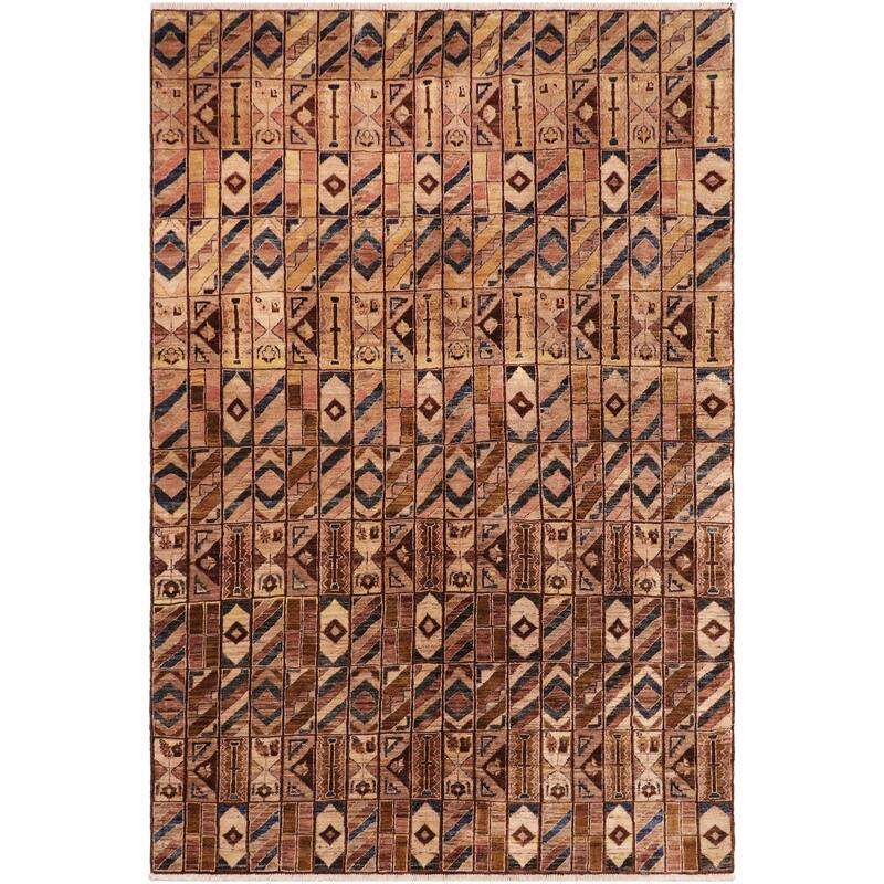 Rustica Mosaic Gabbeh Hand-Knotted Wool Area Rug - 6'0'' x 8'8'' - Beige/Rust/Black/Green