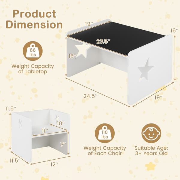 Gymax 3PCS Kids Table and Chair Set w/Chalkboard Lovely Patterns