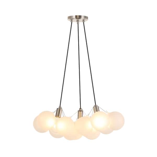 slide 2 of 10, JONATHAN Y Rhys 24" 3-Light Mid-Century Glam Frosted Glass Orb LED Chandelier, White/Brushed Nickel Brushed Nickel