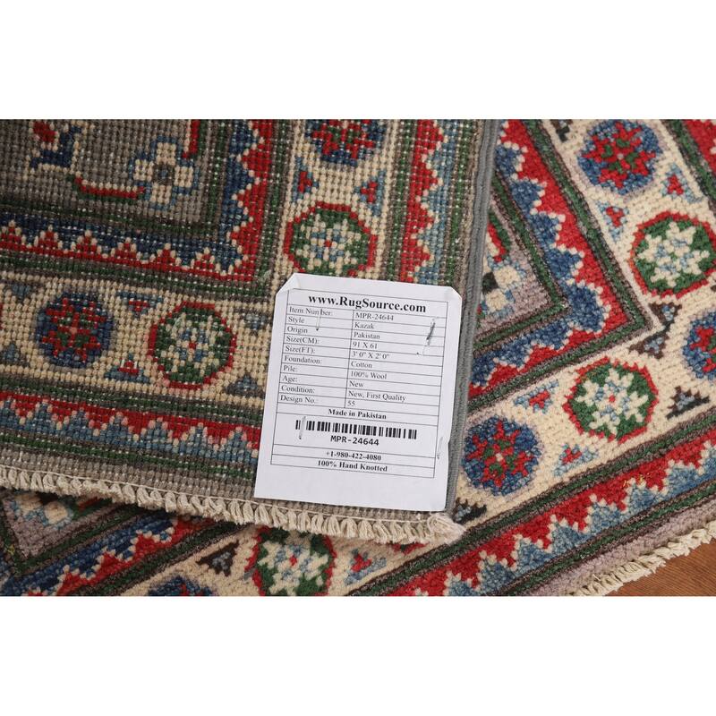 Gray Geometric Kazak Oriental Accent Rug Hand-Knotted Wool Carpet - 2'0"x 3'0"