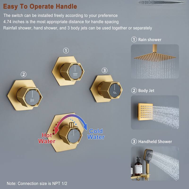 Wall Mounted 12 Inch Thermostatic 3 Functions Luxury Shower System
