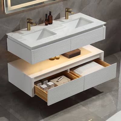 Modland 36/48 Inch LED Floating Vanity with Marble Top & Soft-Close Drawer - Green/White, Wall Drain Ready