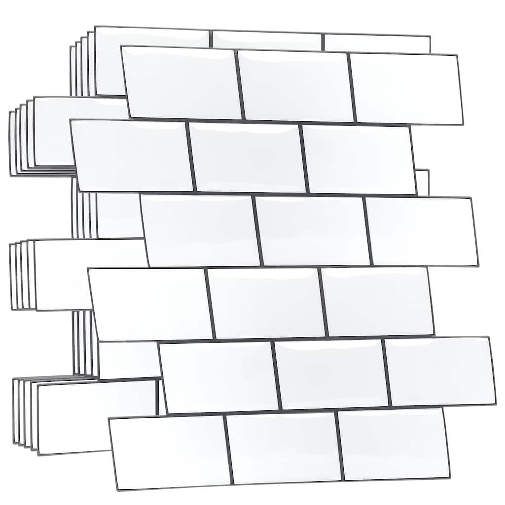 Walplus 20 pcs Pure White Grey Grout Classic Brick Glossy 3D Tile Sticker 12" x 6"