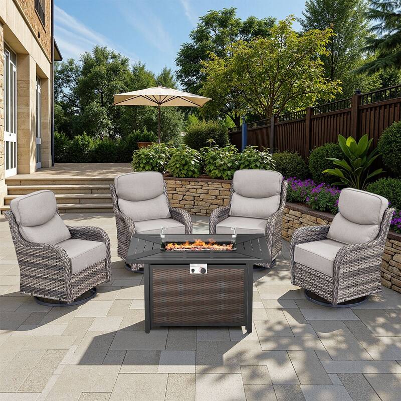 Arcadia 5-Piece Wicker Patio Set with 4 Swivel Glider Chairs and All-Iron Fire Pit - Beige Cushions - Gray Wicker