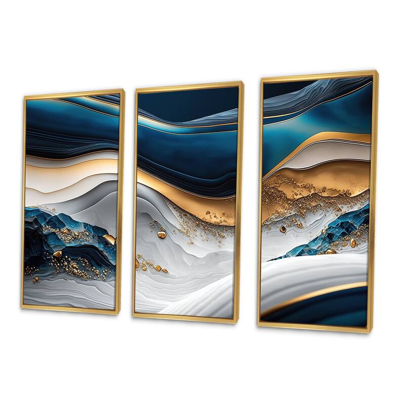 Designart "Abstract Geode Waves Blue II" Modern Waves Framed Canvas Art Print - 3 Panels