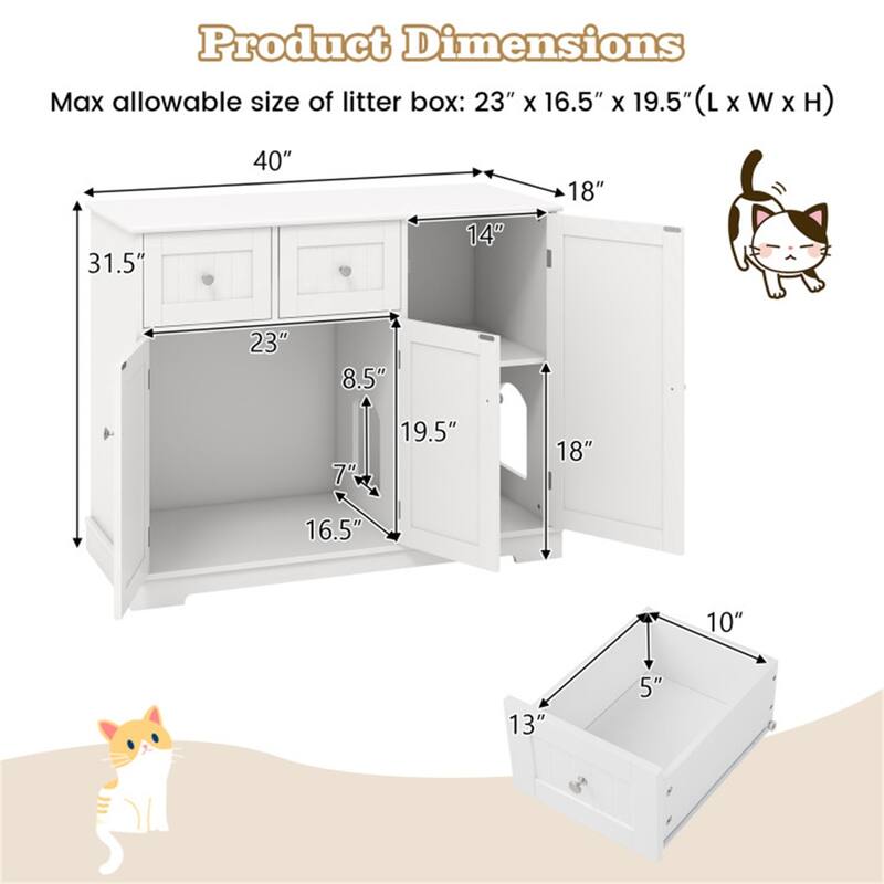 Cat Litter Box Enclosure With 2 Drawers 3 Doors White Wood