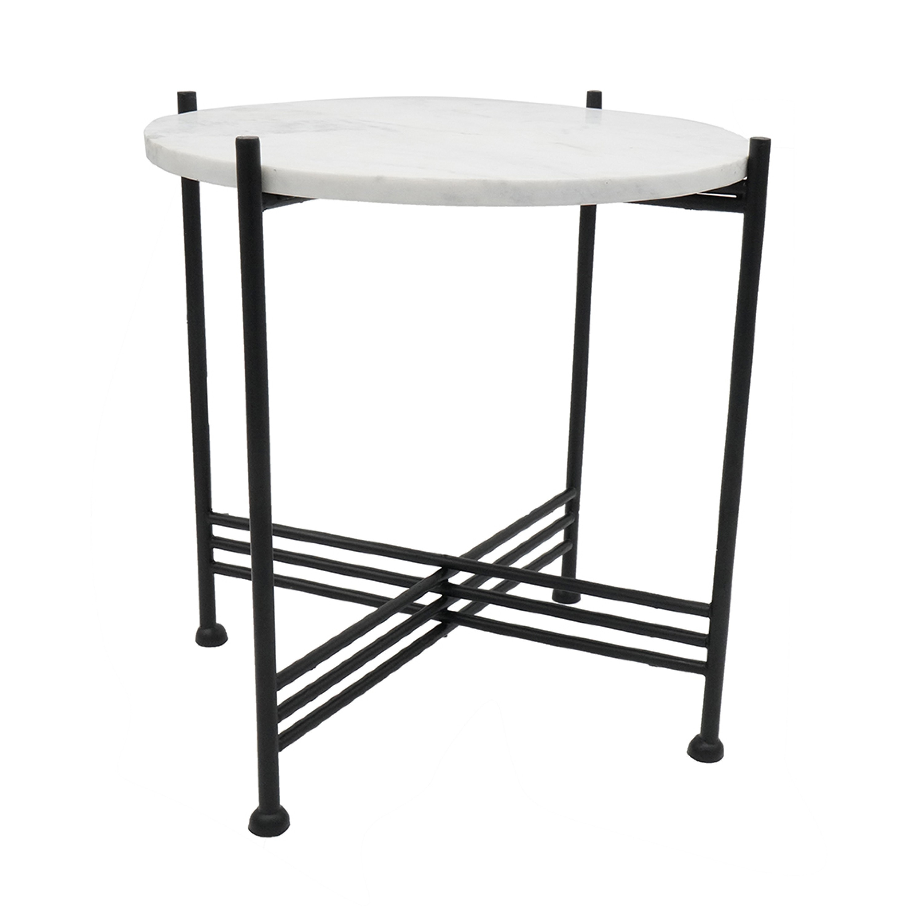 Azik Accent Table, 16 Inch Round White Marble-Look Glass Top, Black Iron