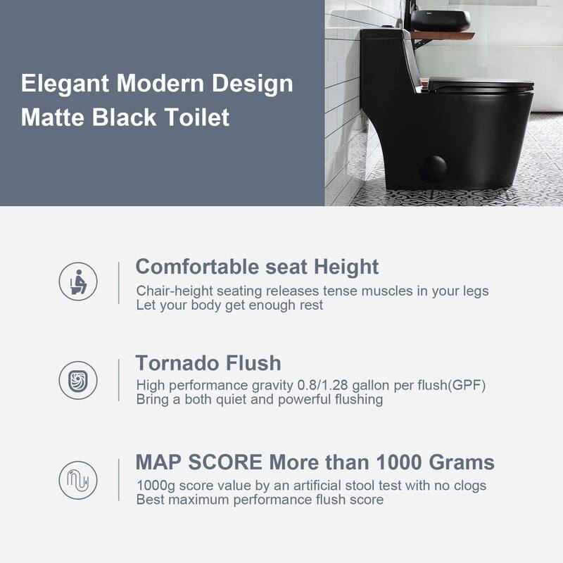 HOROW 1 Piece Dual Flush Elongated Toilet Black 0.8 1.28 GPF Seat Included - N/A