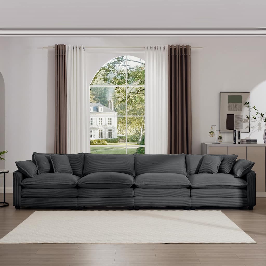 Corduroy Upholstered 4-Seater Sofa with Soft Cushions and Pillows, Ideal for Living Room