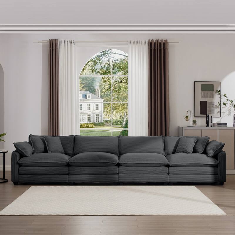 Grey 150" Corduroy Cloud Upholstered 4-seater Modular Sectional Sofa with 6 Pillows, Double Cushion Seat, Free Combination