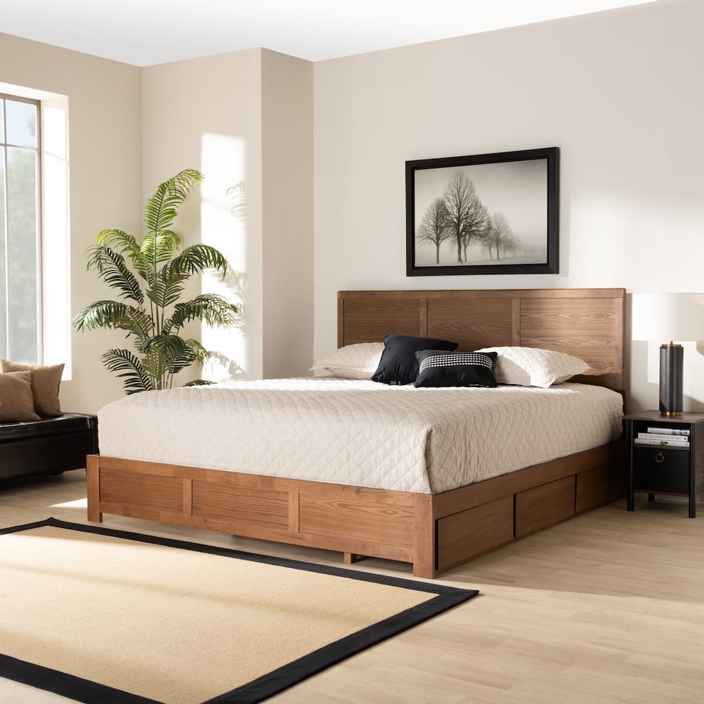 King Size Storage Bed - Ash Walnut Wood Platform Bed with 3 Drawers - Modern Bedroom Furniture