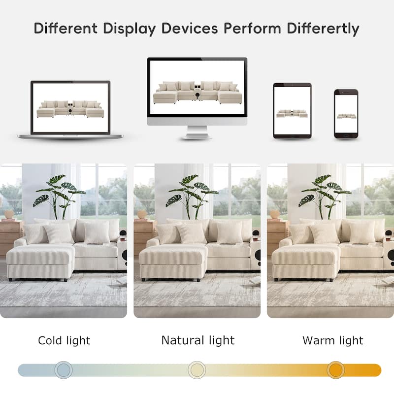 U-Shaped Cloud Corduroy Sectional Sofa with Console, Cup Holders, Bluetooth Speakers, Charging, Storage Ottoman, Deep Seats Sofa