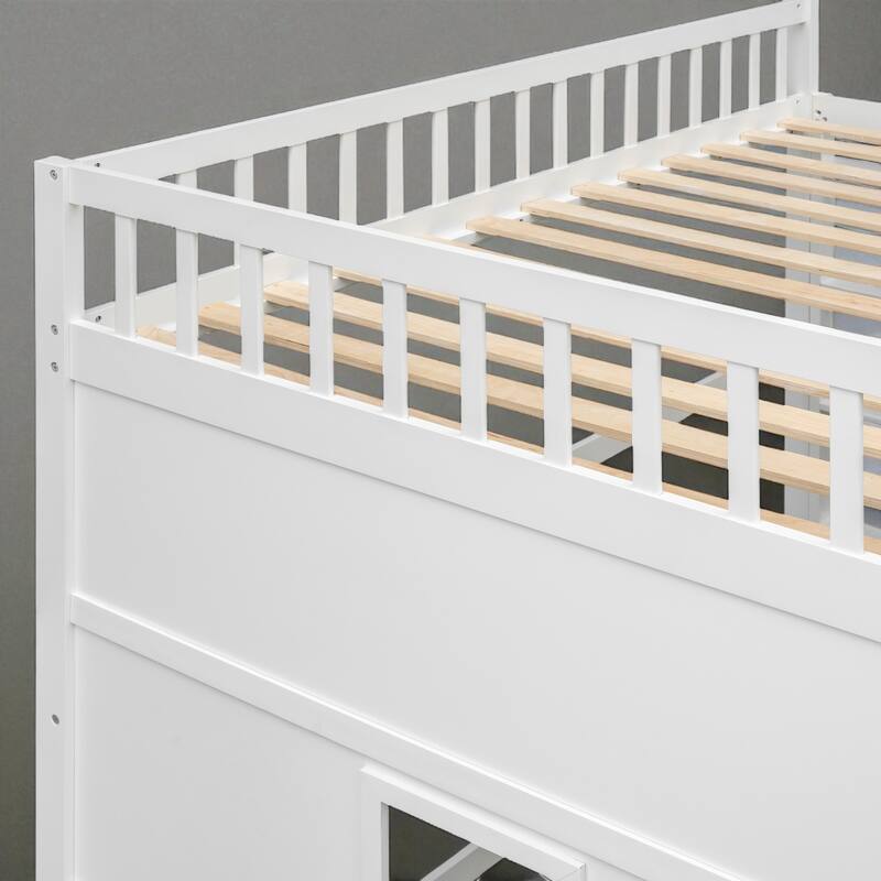 Twin/Full Size Wooden House Loft Bed with Guardrails and Slanted Ladder, No Box Spring Required