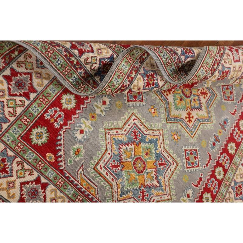 Gray Geometric Kazak Rug Hand-Knotted Oriental Wool Carpet - 5'1" x 6'9"