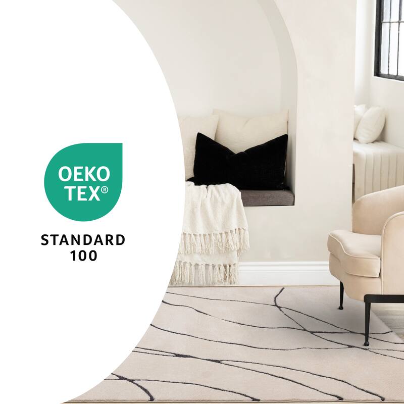 White Black Organic Lines Soft Textured Rug