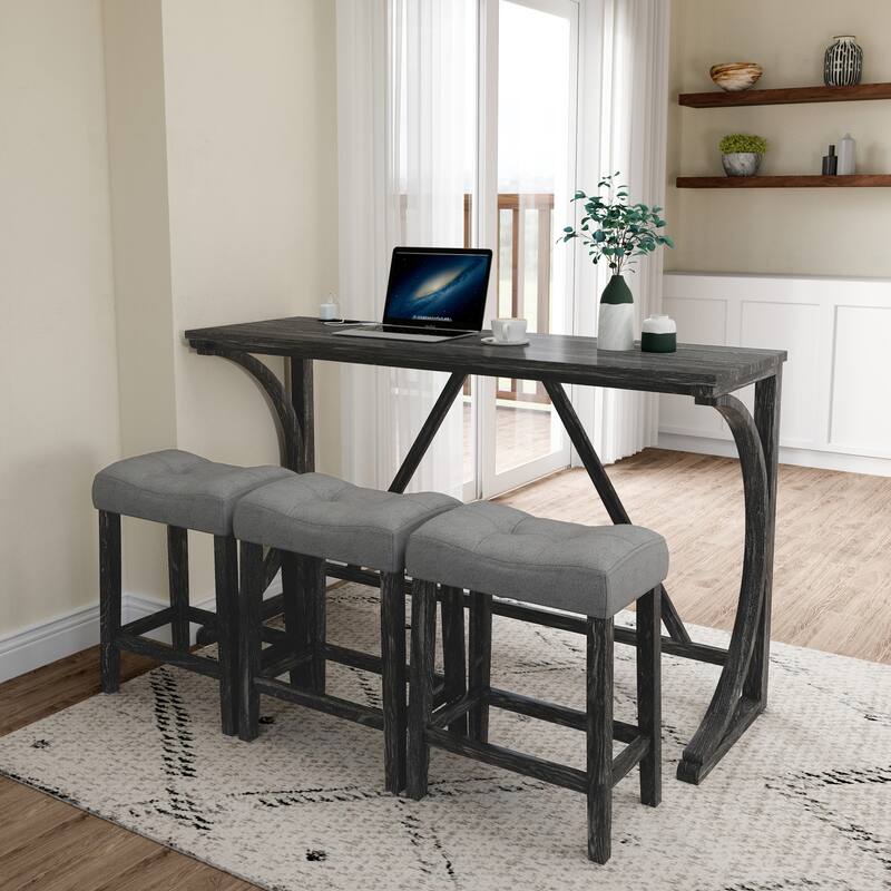 Roomfitters 4-Piece Bar Table Set with Power Outlet and Stools, Industrial Pub Dining Table for Living Room