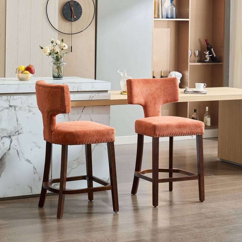 Counter Height Bar Stools Set of 2, Farmhouse Linen Fabric Upholstered Accent Chair Curved Backrest with Copper Nails around - Orange