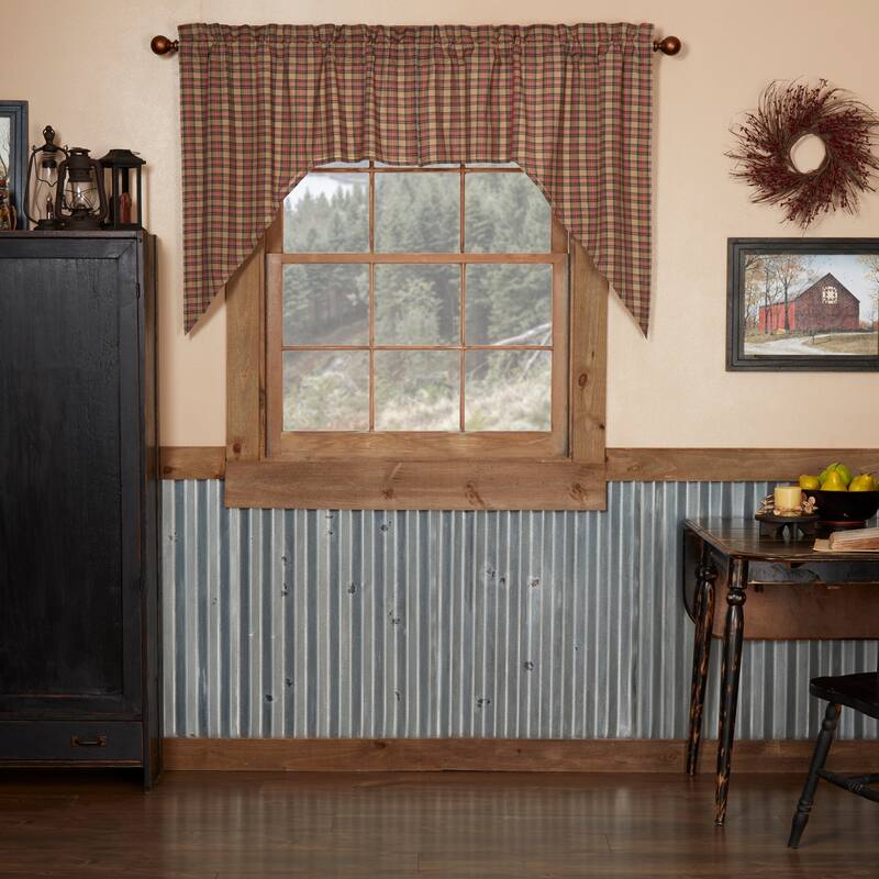 Tan Primitive Kitchen Curtains VHC Crosswoods Swag Pair Rod Pocket Cotton Plaid - Swag 36x36x16 - Swag 36x36x16