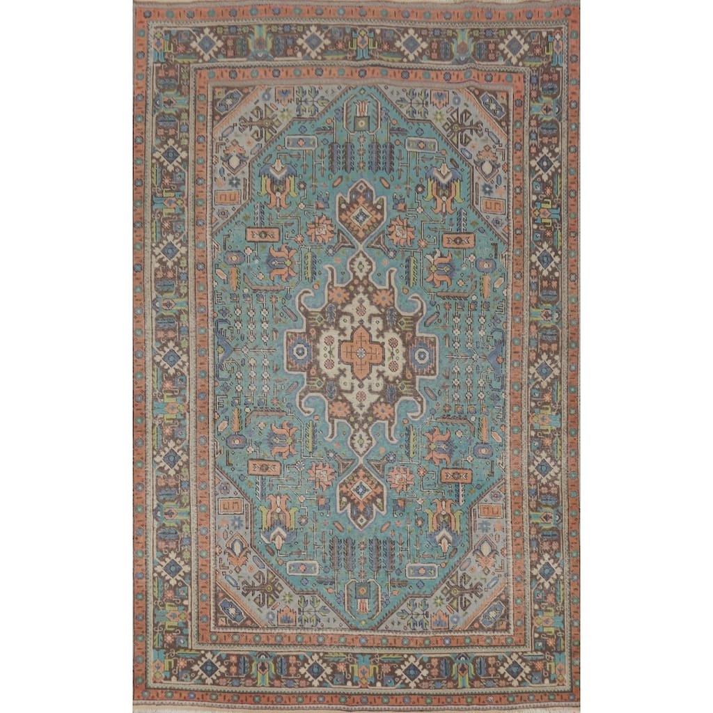 Light Blue Geometric Tabriz Persian Vintage Rug Handmade Wool Carpet - 6'4" x 9'4"
