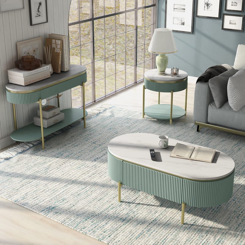 Reed Mid-Century Modern White Faux Marble 3-Piece Accent Table Set with Drawer by Furniture of America