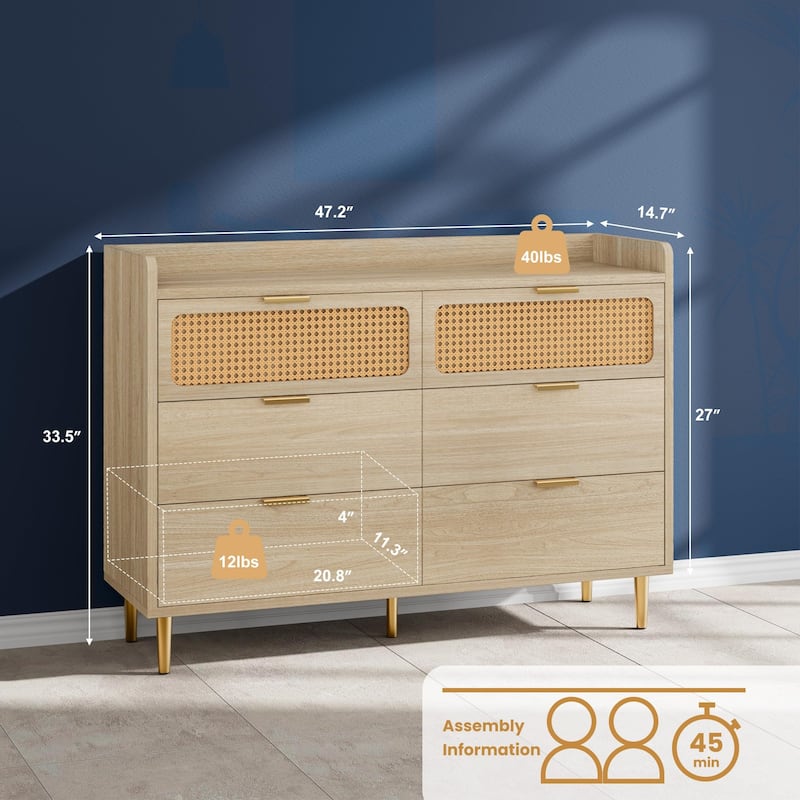 6 Drawer Double Dresser for Bedroom, Modern Chest of Drawers with Rattan Accents & Metal Legs