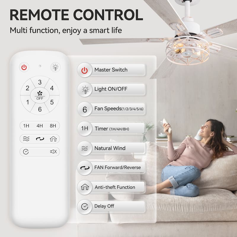 42" Reversible 5-Blade Caged Ceiling Fan with Light and Remote