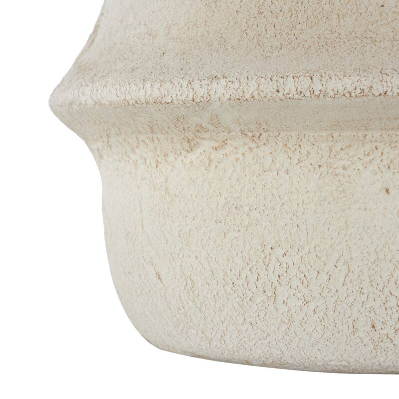 Cream Paper Mache Fluted Decorative Vase with Brown Distressed Texturing and Ring Handle